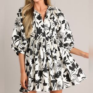 HUDSON GRAY floral, black and white cotton mini dress. Large NWT